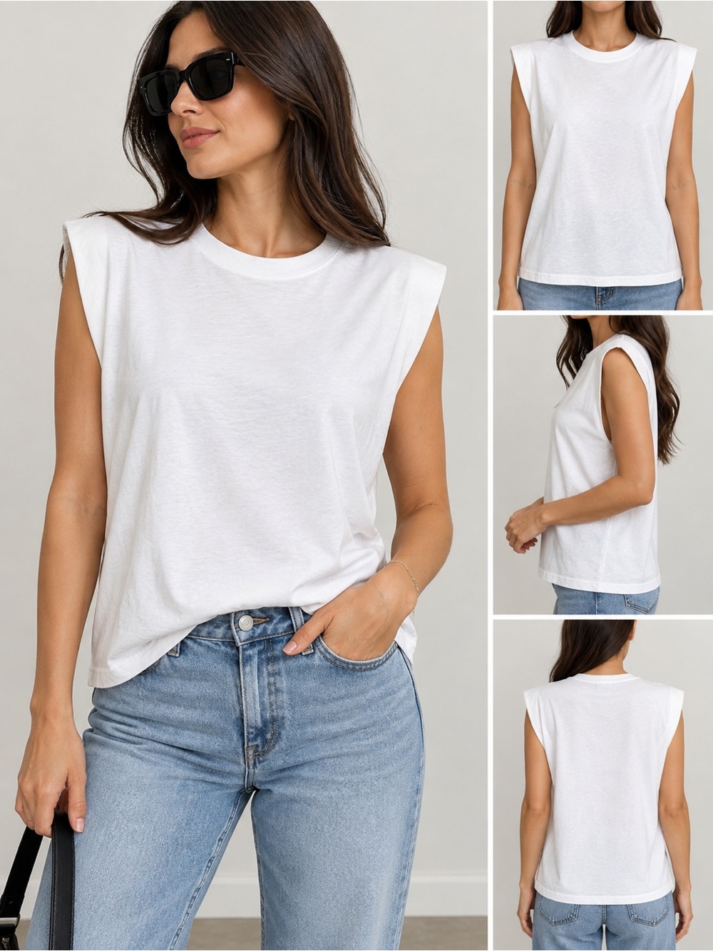 ZARA White Padded Shoulder Sleeveless Crew Neck Top